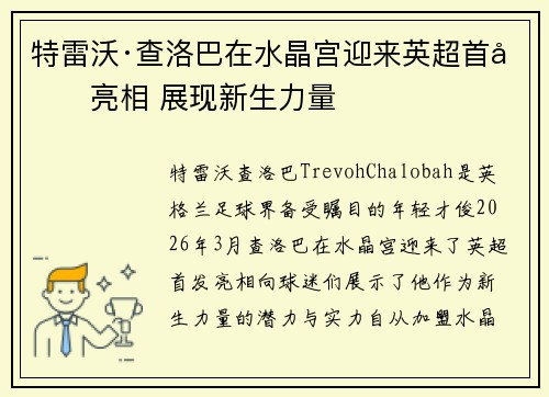特雷沃·查洛巴在水晶宫迎来英超首发亮相 展现新生力量